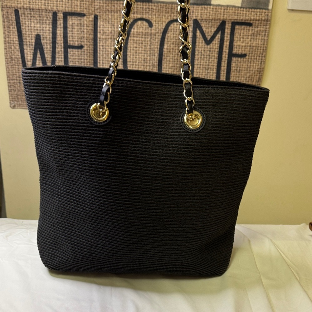 Talbots Black Woven Chain Strap Tote‎ Bag Gold Hardware